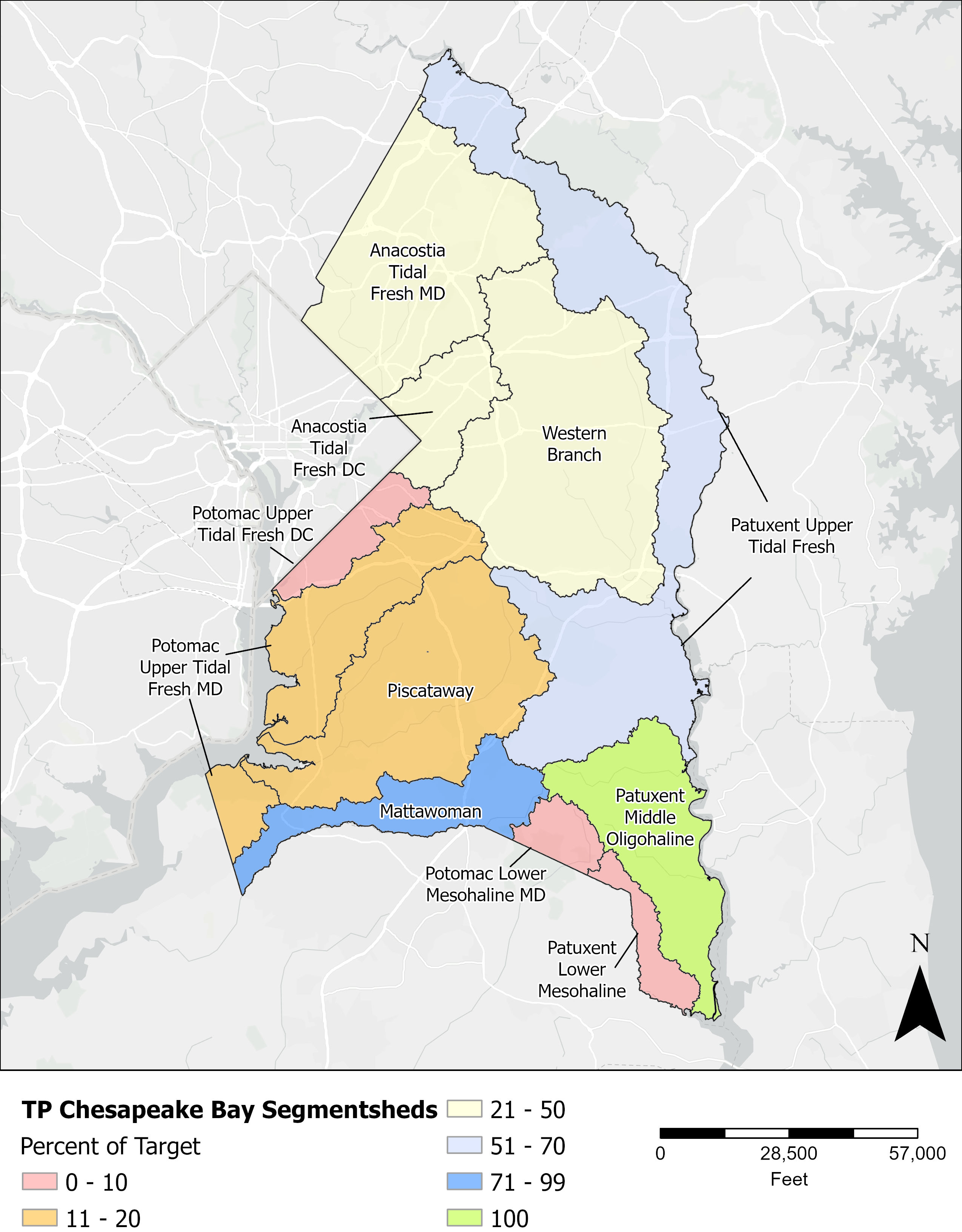 Figure 2. Percent of TP target achieved for the Chesapeake Bay TMDLs by segmentshed.