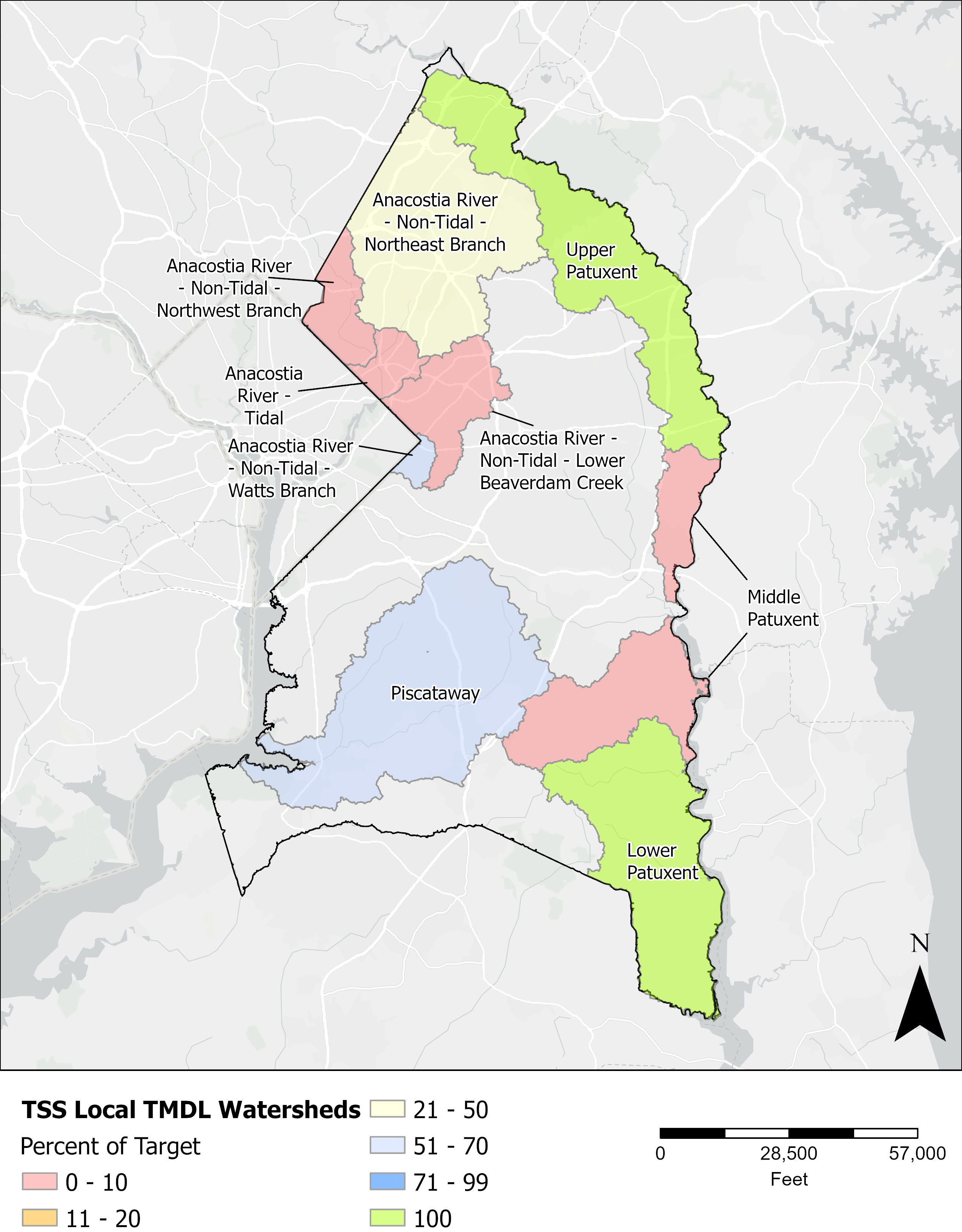 Figure 5. Percent of TSS target achieved for the local TMDLs by watershed.